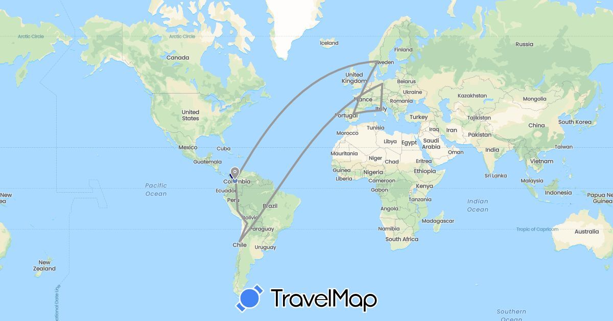 TravelMap itinerary: driving, bus, plane, cycling in Bolivia, Chile, Colombia, Germany, Spain, Italy, Norway, Peru (Europe, South America)